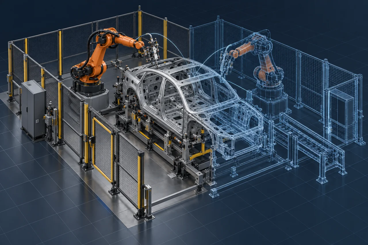 Conceptual rendering of an industrial cell and its digital model